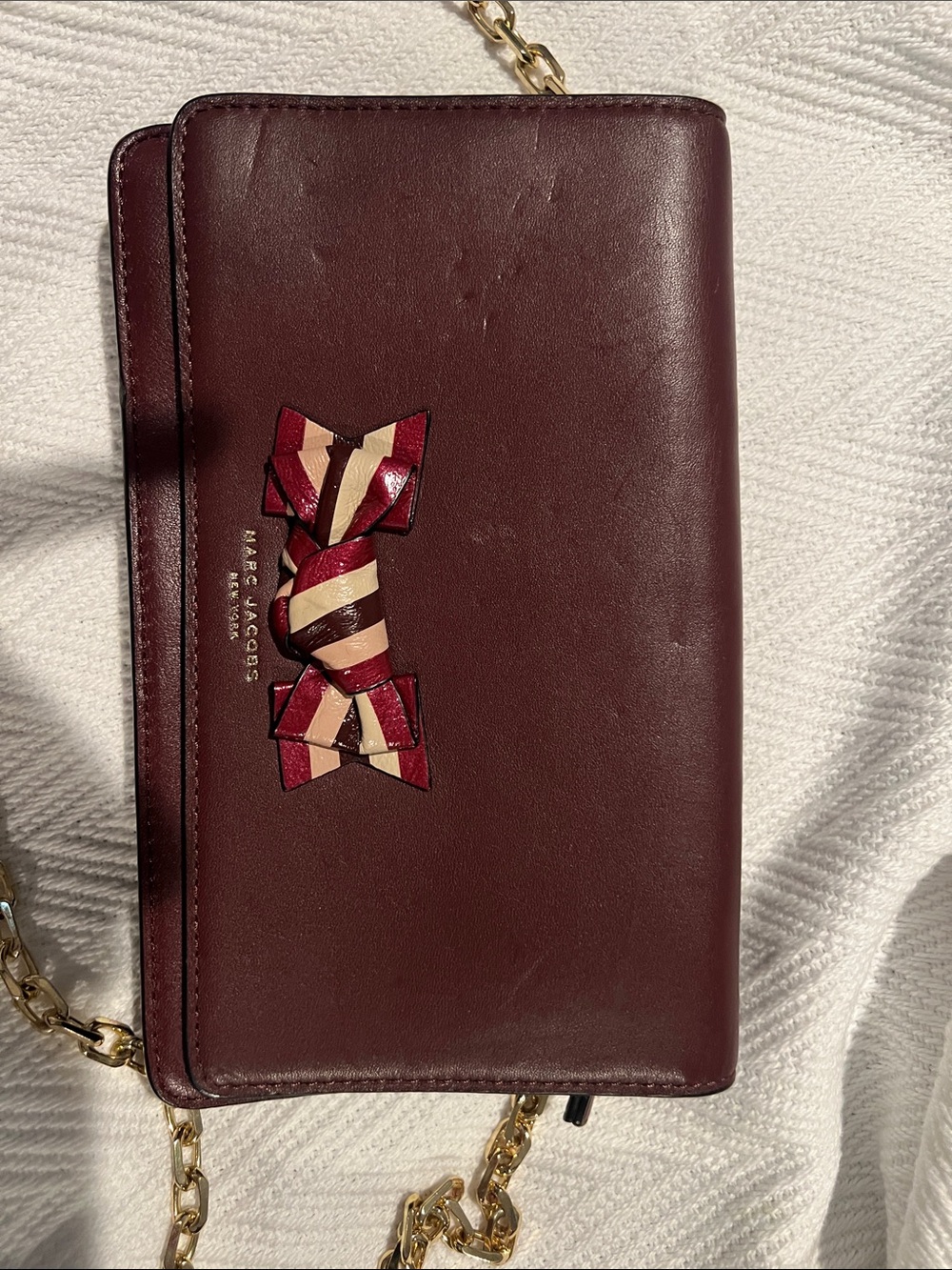 Marc Jacobs Wine Leather Crossbody with Striped Bow Accent